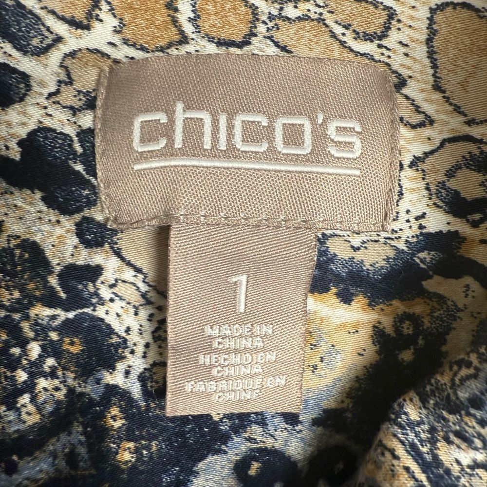 Chico's‎ Jacket Women's 1 Beige Black Printed Cotton Stretch Collared Full Zip - Picture 5 of 9